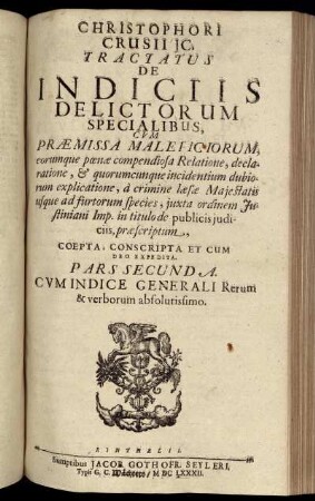 Tractatus De Indiciis Delictorum Specialibus [...] Pars Secunda.