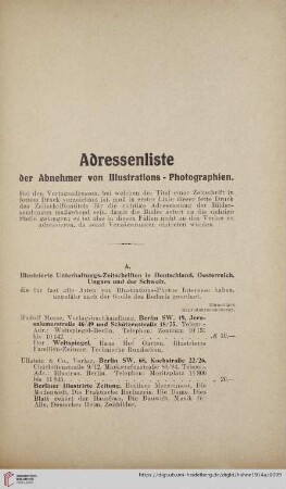 Adressenliste der Abnehmer von Illustrations- Photographien