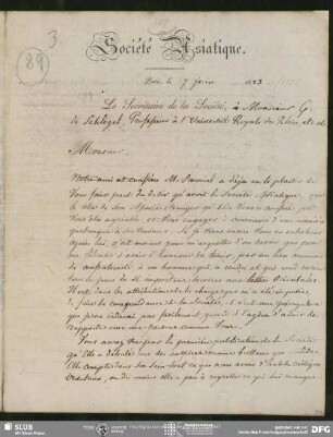 Eigenh. Brief auf Vordruck von Abel Rémusat an August Wilhelm von Schlegel, Paris, 07.06.1823