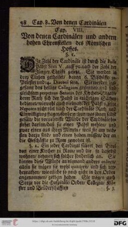 Cap. 8: Von denen Cardinälen und andern hohen Ehren-Stellen