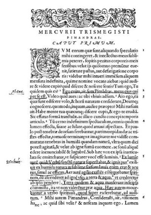 Mercurii Trismegisti Pimandras. Caput Primum
