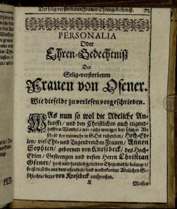 Personalia Oder Ehren-Gedechtniß [...]
