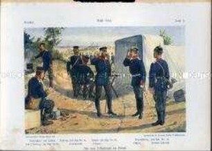 Uniformdarstellung, Unteroffizier, Gemeiner, Hoboist, Offiziere und Fähnrich der Infanterie-Regimenter Nr. 91 bis 94 im Feldlager, Preußen, 1910/1912. Tafel 5 aus: Knötel: Preußen, Unser Heer.