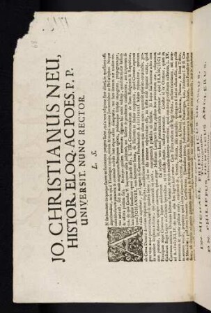 Jo. Christianus Neu, Histor. Eloq. Ac Poes. P. P. Universit. Nunc Rector. L. S.