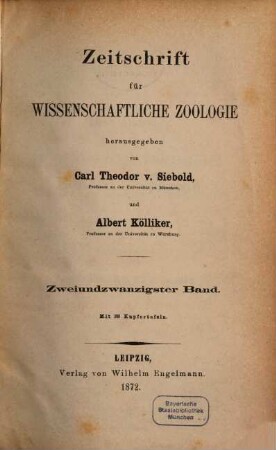 Zeitschrift für wissenschaftliche Zoologie. 22,[1] = Text. 1872