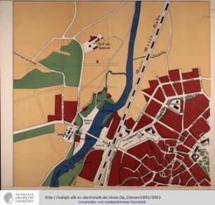 Plan der Stadt Giessen für die Heimatkunde gezeichnet von Reallehrer A[lbert] Wamser, Butzbach. Maßstab 1: 2000. Lithogr. v. Oscar Brunn. Druck von H. Rau in Wieseck. Giessen: Roth, 1893