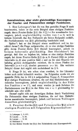 V. Ausnahmslose, aber nicht gleichmäßige Konvergenz der Fourier- und Potenzreihen stetiger Funktionen.