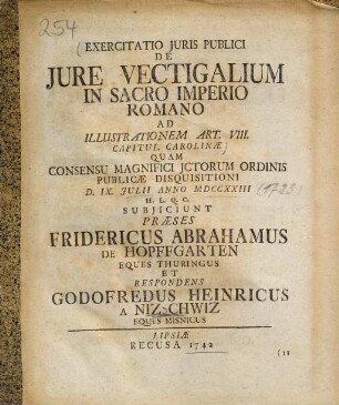 Exercitatio Juris Publici De Jure Vectigalium in Sacro Imperio Romano