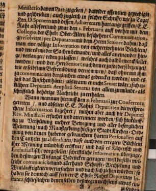 Protocollmässiger Bericht dessen, was zwischen E. E. Raht und dem Ehrwürdigen Ministerio Occasione der Horbischen Sache bißhero fürgefallen