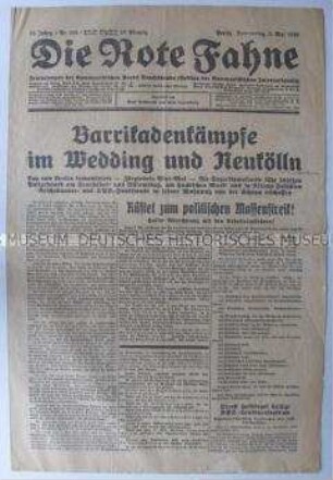 Tageszeitung der KPD "Die Rote Fahne" über Straßenkämpfe in Berlin am 1. Mai