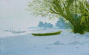 Boote am Strand mit Weide