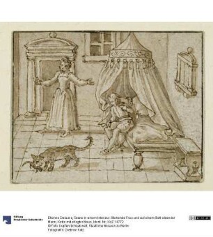 Szene in einem Interieur: Stehende Frau und auf einem Bett sitzender Mann, Katze mit erlegter Maus