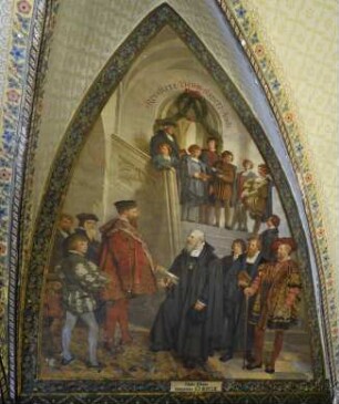 Wandbild: "Kurfürst Moritz eröffnet die Fürstenschule zu St. Afra im Jahr 1543"