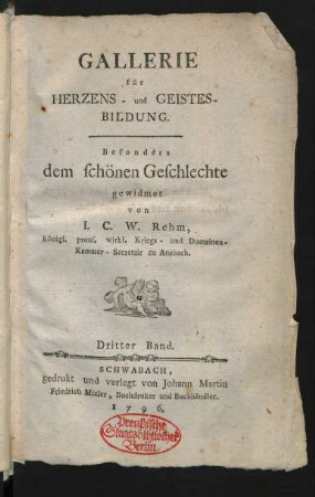 Bd. 3: Gallerie für Herzens- und Geistes-Bildung : Besonders dem schönen Geschlechte gewidmet