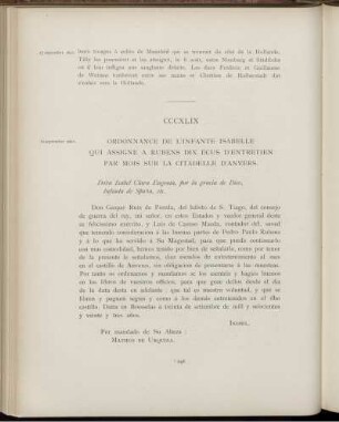 CCCXLIX. Ordonnance de l'Infante Isabelle qui assigne à Rubens dix écus d' entretien par mois sur la Citadelle d' Anvers. Bruxeles, 30 septembre 1623
