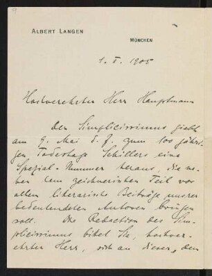 Brief von Albert Langen an Gerhart Hauptmann