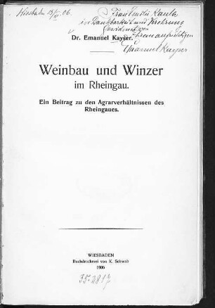 Weinbau und Winzer im Rheingau : ein Beitrag zu den Agrarverhältnissen des Rheingaus
