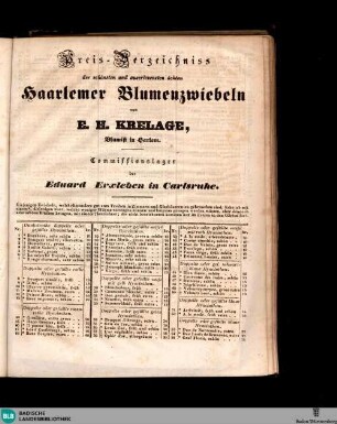 Karlsruher Zeitung, Preis-Verzeichniss der schönsten und auserlesensten ächten Haarlemer Blumenzwiebeln