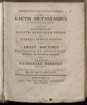 Dissertatio Inauguralis Medica De Lactis Metastasibus : Die VIII. Martii MDCCLXXX.