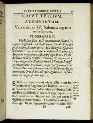 Caput Tertium. Argumentum. Vladislai IV. Solennis legatio missa Romam.
