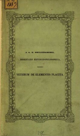 Dissertatio historico-philosophica exhibens veterum de elementis placita