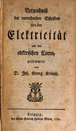 Verzeichniß der vornehmsten Schriften von der Electricität und den elektrischen Curen