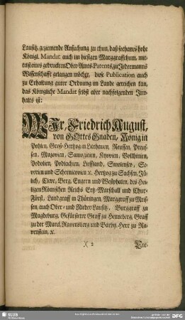 Wir, Friedrich August, von Gottes Gnaden, König in Pohlen, Groß-Hertzog in Litthauen, Reußen, Preußen, ...