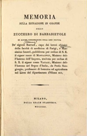 Memoria sulla estrazione in grande dello zucchero di barbabietole : ed alcune considerazioni sulla loro coltura