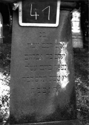 Grabstein 41 (Index: 100101035) Material: Sandstein Zustand: verwittert Maße HxBxT: 157x41x18 cm Beschreibung: Stele, Sockel, Abdeckplatte mit Palmettenaufsatz Symbolik: Palmette Besonderheit: eingemeißelte Nummer: 28: Grabstein 41A