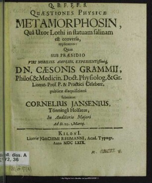 Quaestiones Physicae Metamorphosin, Qua Uxor Lothi in statuam salinam est conversa, explicantes