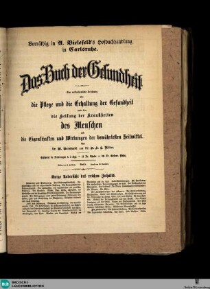 Karlsruher Tagblatt, Vorräthig in A. Bielefeld's Hofbuchhandlung in Carlsruhe. Das Buch der Gesundheit