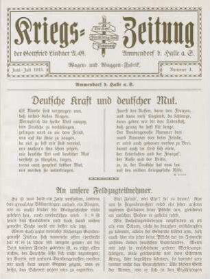 3.1915: Kriegs-Zeitung der Gottfried Lindner A.-G., Wagen und Waggon-Fabrik, Ammendorf b. Halle a. S