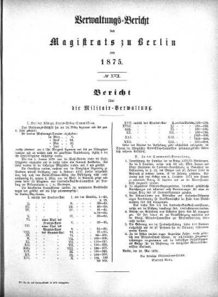 No. XVII. Bericht über die Militär-Verwaltung