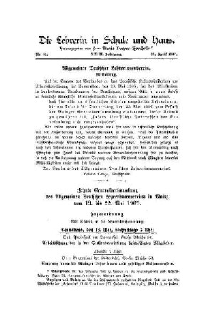 Zehnte Generalversammlung des Allgemeinen Deutschen Lehrerinnenvereins in Mainz vom 19. bis 22. Mai 1907 : Tagesordnung
