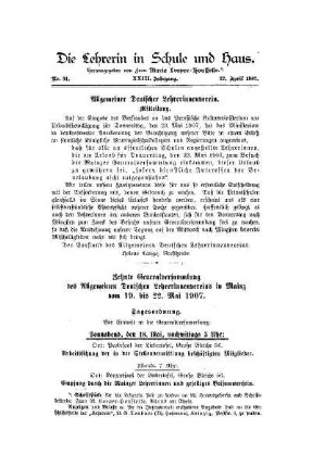 Zehnte Generalversammlung des Allgemeinen Deutschen Lehrerinnenvereins in Mainz vom 19. bis 22. Mai 1907 : Tagesordnung