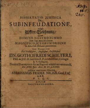 Dissertatio Iuridica De Subinfeudatione, vulgo Affter-Belehnung