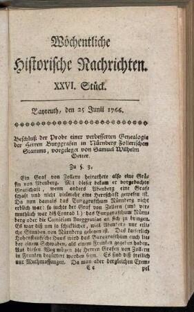 XXVI. Stück. Bayreuth, den 25. Junii 1766.