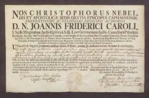 Zeugnis über die erste Tonsur des Franz Karl Philipp Anton Greiffenclau von Vollrads.