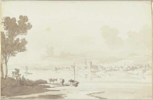 Flusslandschaft, vorne eine Herde, im Hintergrund eine Stadt