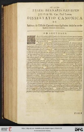 Dissertatio Canonica de Instituto & Officiis Canonicorum sigillatim deducta