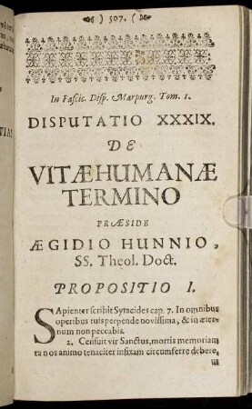 Disputatio XXXIX. De Vitæ Humanæ Termino.