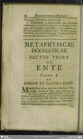 Metaphysicae Dogmaticae Sectio Prima De Ente
