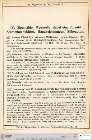IV. Ölgemälde. Aquarelle, dabei eine Anzahl Stammbuchblätter. Handzeichnungen. Silhouetten (Nr. 248 - 301)