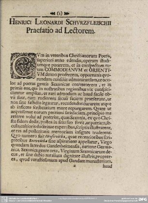 Henrici Leonardi Schurzfleischii Praefatio ad Lectorem