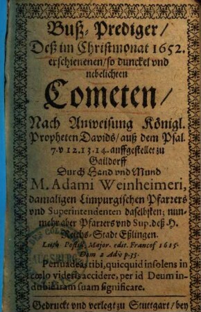 Bußprediger deß im Christmonat 1652 erschienenen ... Cometen