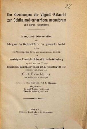 Die Beziehungen der Vaginal-Katarrhe zur Ophthalmoblennorrhoea neonatorum und deren Prophylaxe : Inaug. Diss.