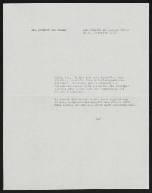 Brief von Gerhart Hauptmann an Adolf Arnhold