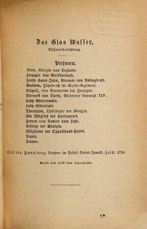 Das Glas Wasser oder Ursachen und Wirkungen : Lustspiel in fünf Aufzügen