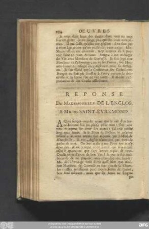 Reponse De Mademoiselle De L'Enclos, A Mr. De Saint-Evremond.