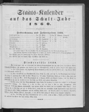 Staats-Kalender auf das Schalt-Jahr 1860.